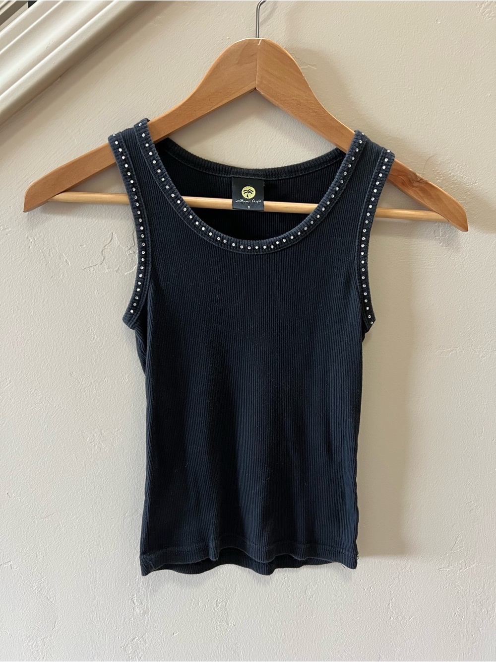 Stud-Trim Black Ribbed Tank Top
